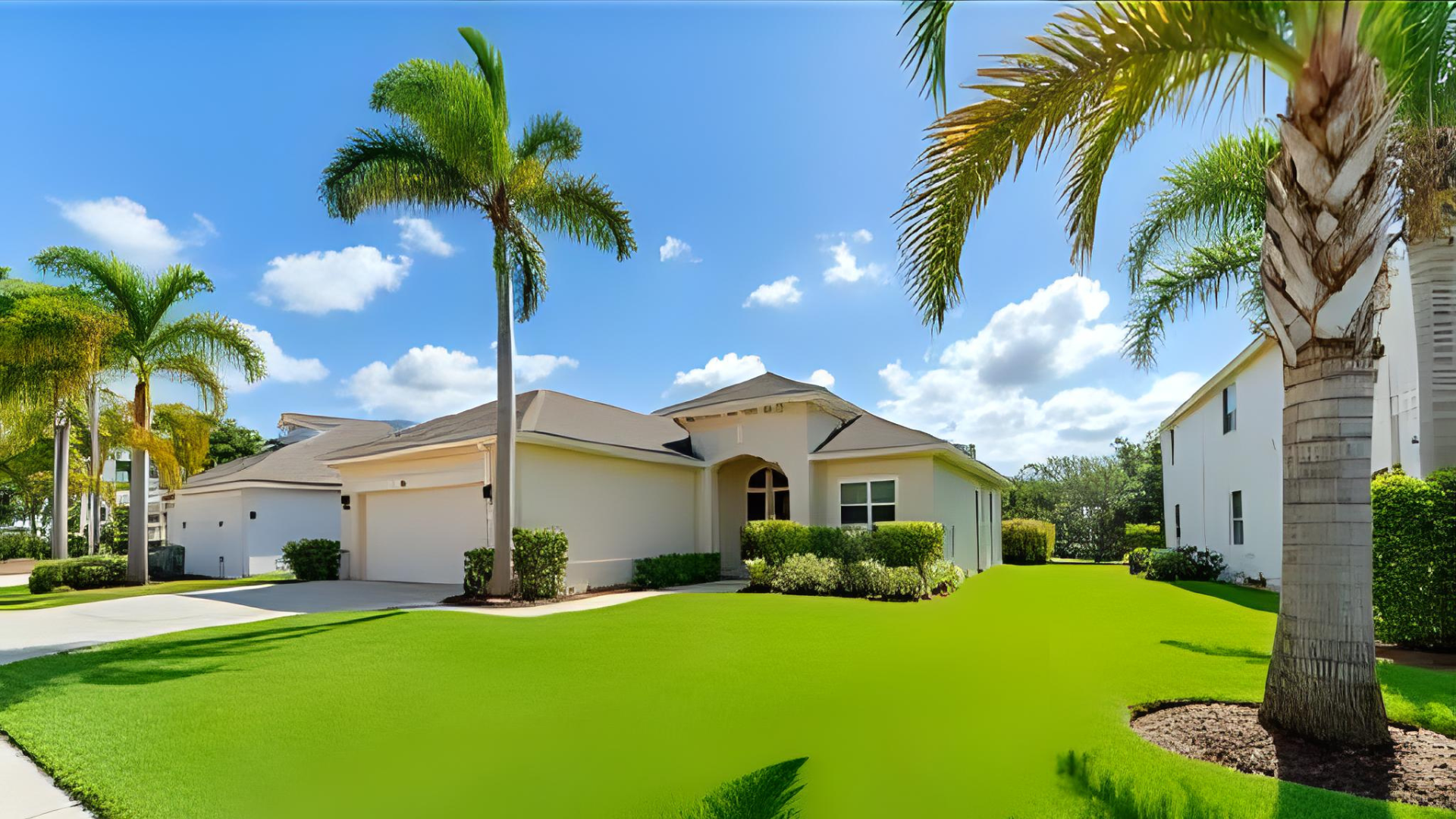 Lush green lawn with palm trees in Mount Dora Florida