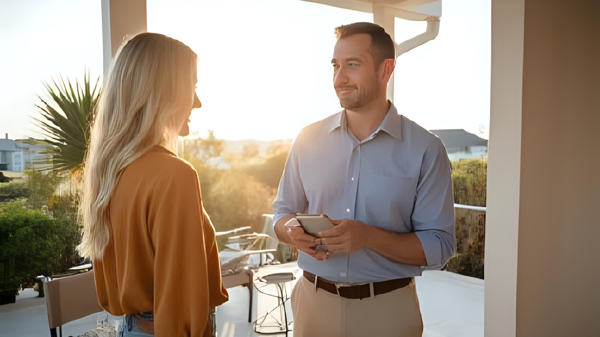 Two people conversing outdoors at sunset Mount Dora Florida