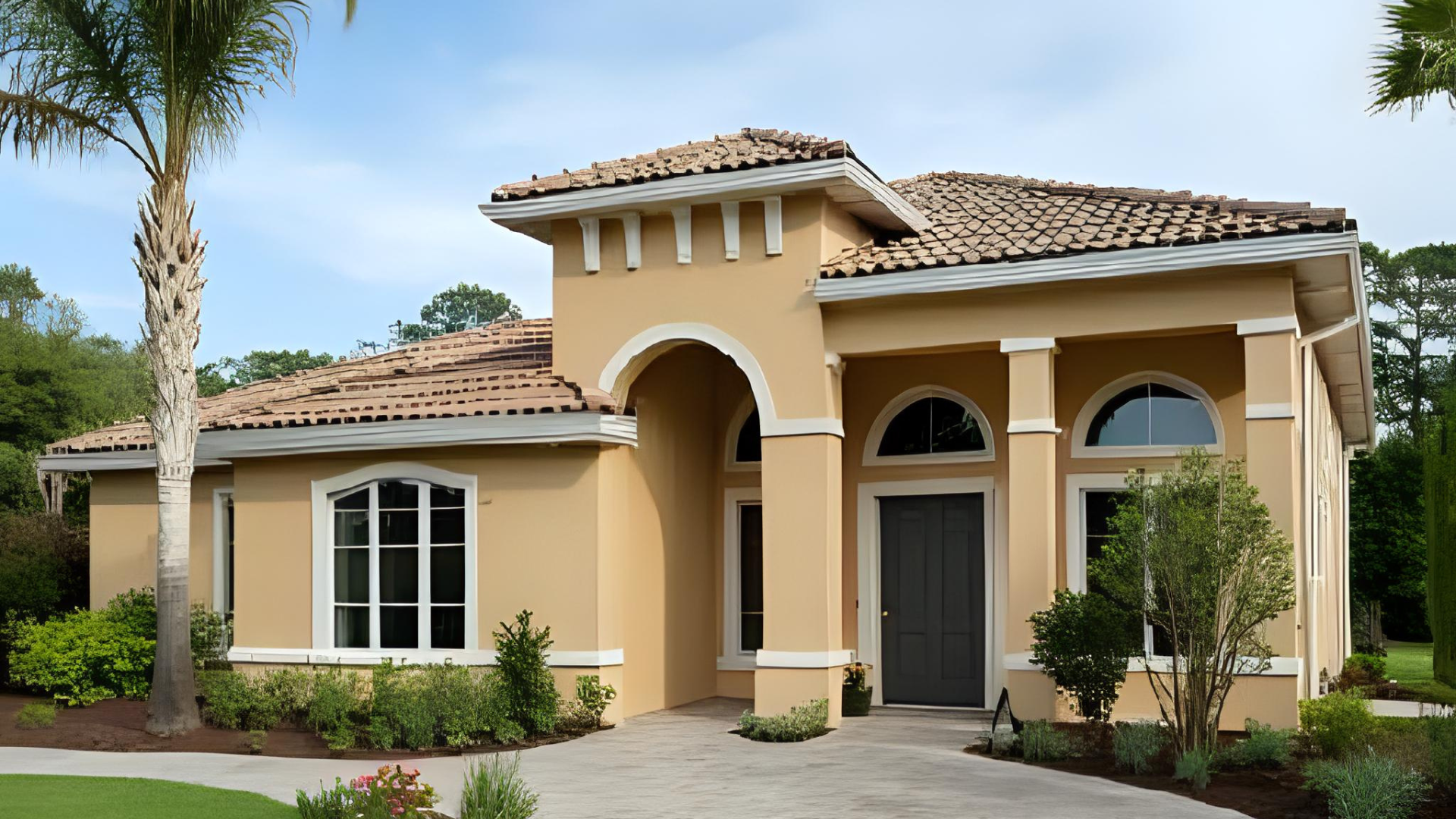 Modern yellow house with landscaped garden in Mount Dora Florida