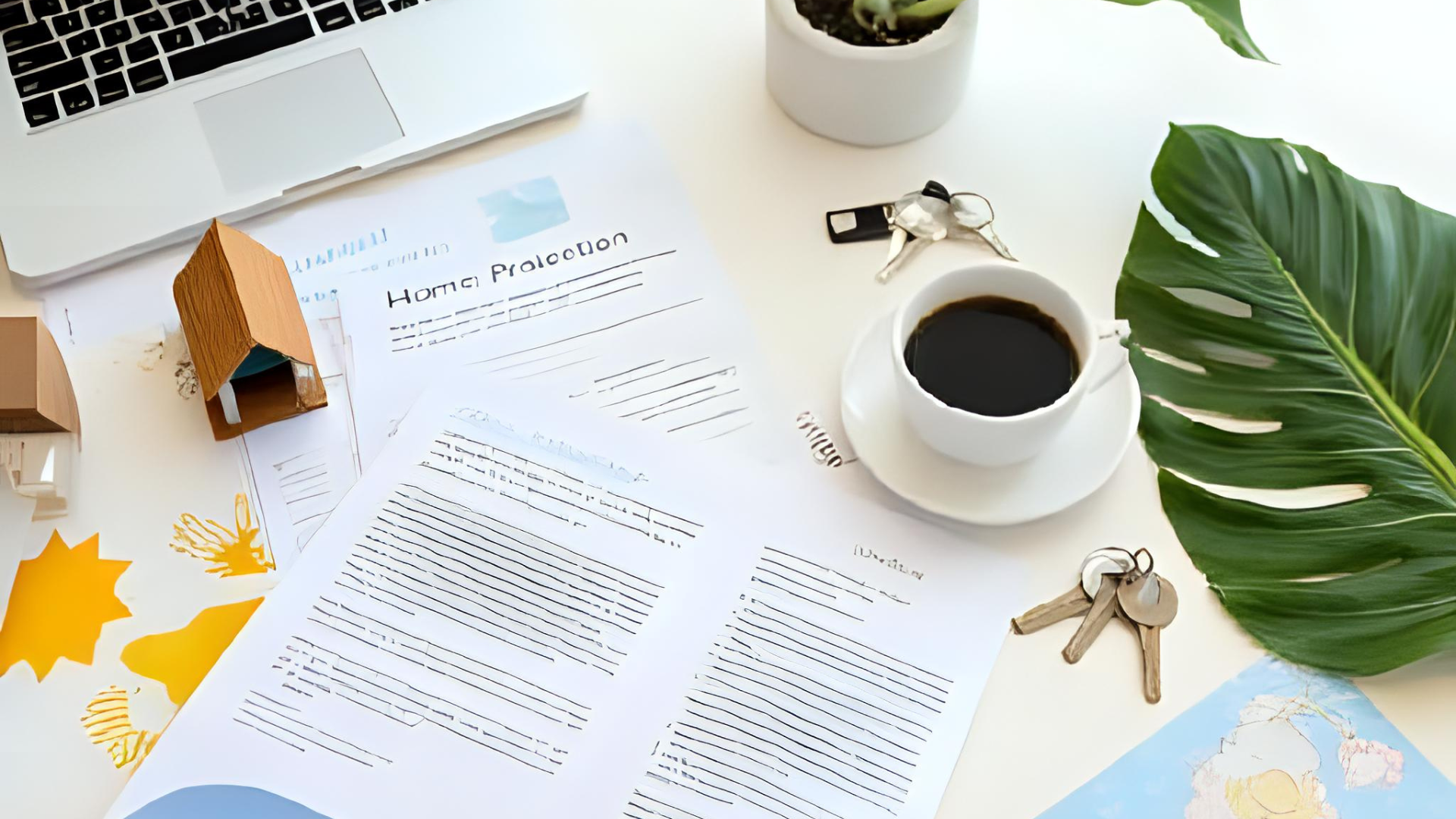 A flat lay or collage-style image showing symbolic elements of home protection: a miniature house, an umbrella overhead, insurance documents, a pair of keys, and a cup of coffee beside a laptop. Subtle Florida elements like a palm leaf or sunshine pattern included in the background. Clean, modern, editorial composition with natural lighting. Realistic photographic style.