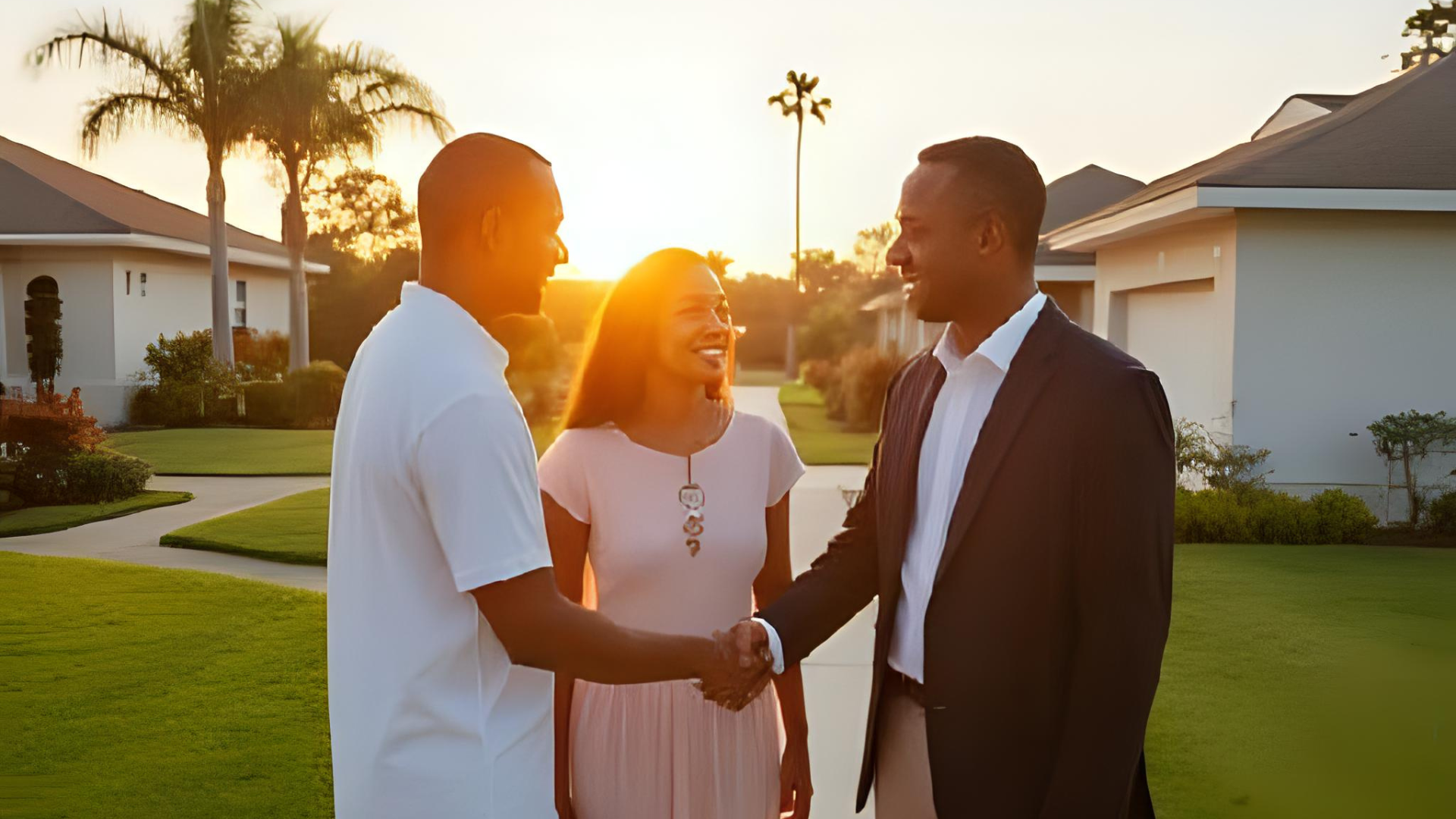 A warm, inviting Florida suburban neighborhood at sunrise, showcasing beautiful single-family homes with well-kept lawns and palm trees. A cheerful couple stands in front of their home with a friendly insurance agent shaking hands, symbolizing trust and partnership. The atmosphere conveys safety, reliability, and community spirit. Add a soft golden light to emphasize optimism and peace of mind. Realistic photographic style, high detail, professional tone.