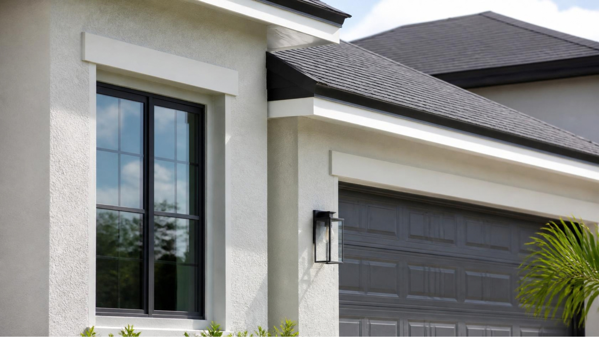 Detailed exterior view of a modern Florida home showcasing storm-resistant windows and roofing construction.