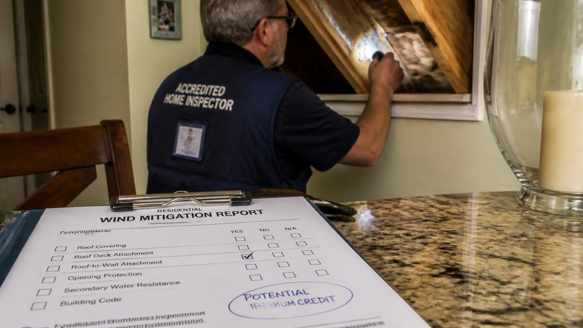 Home inspector checking hurricane clips and roof-to-wall attachments during a Florida wind mitigation inspection.