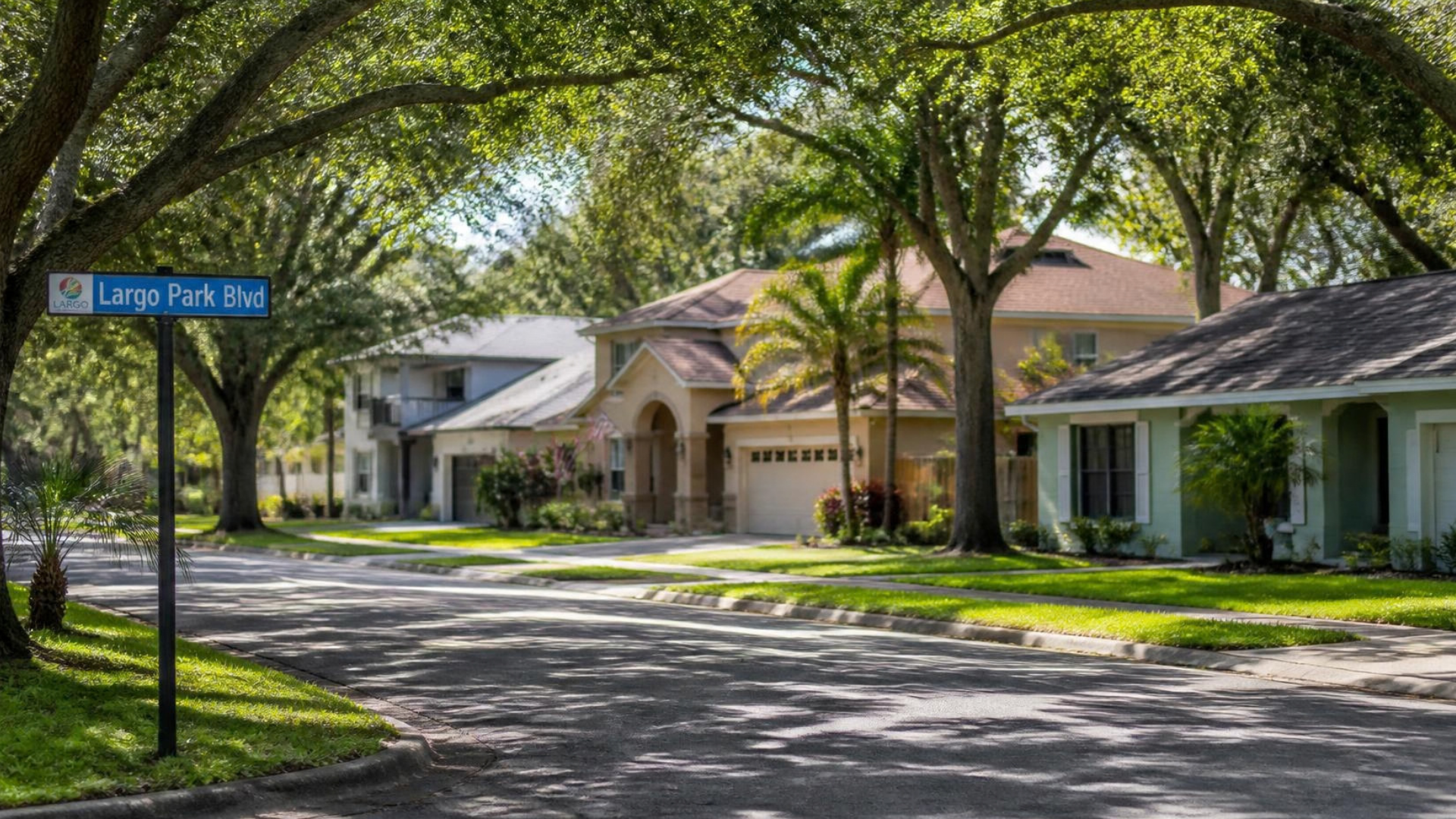 Pinellas County neighborhood in Largo FL with mature oak trees and diverse Florida home styles.