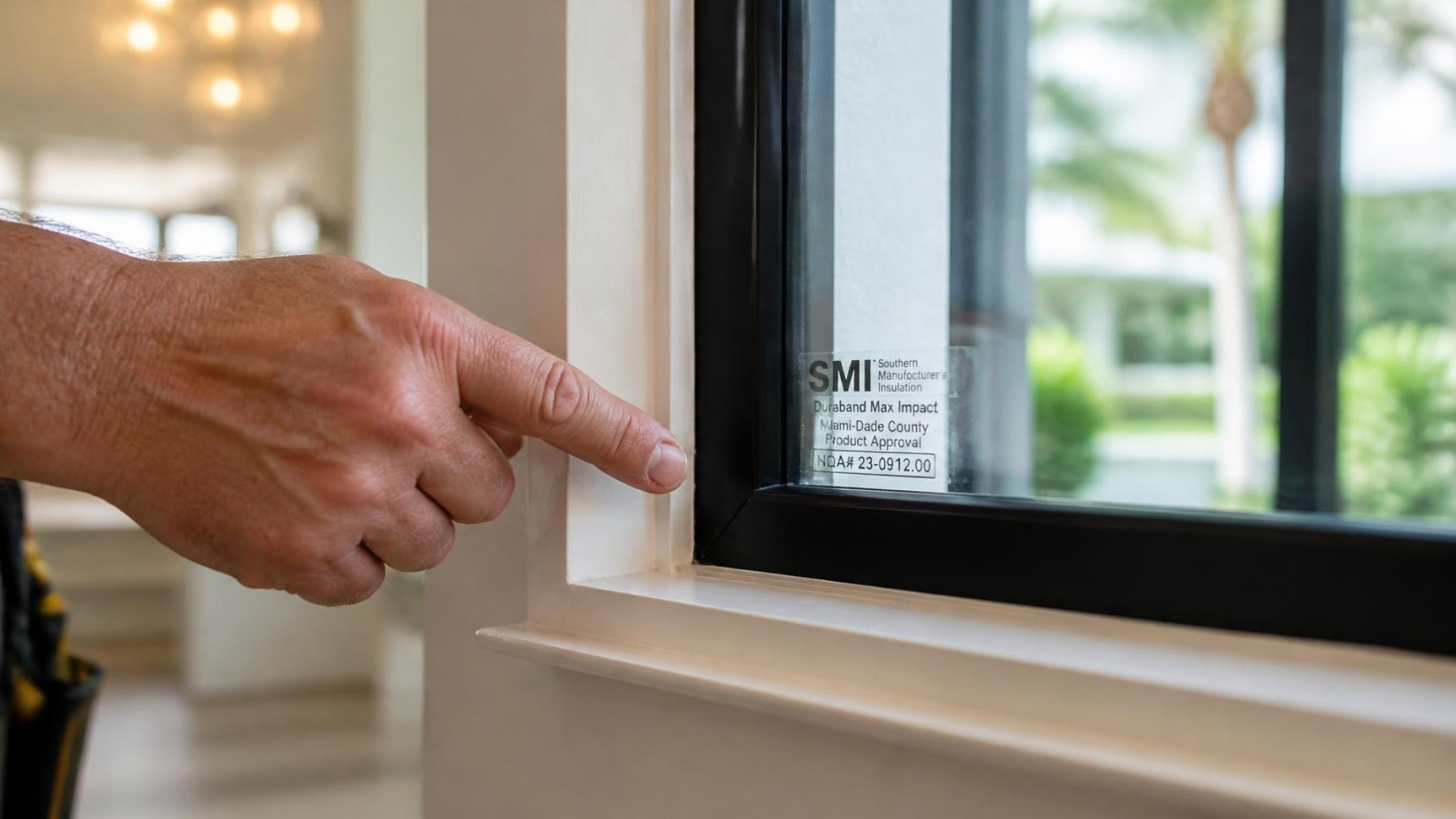 Hand pointing to Miami-Dade approved hurricane impact window stamp for homeowners insurance mitigation credit.