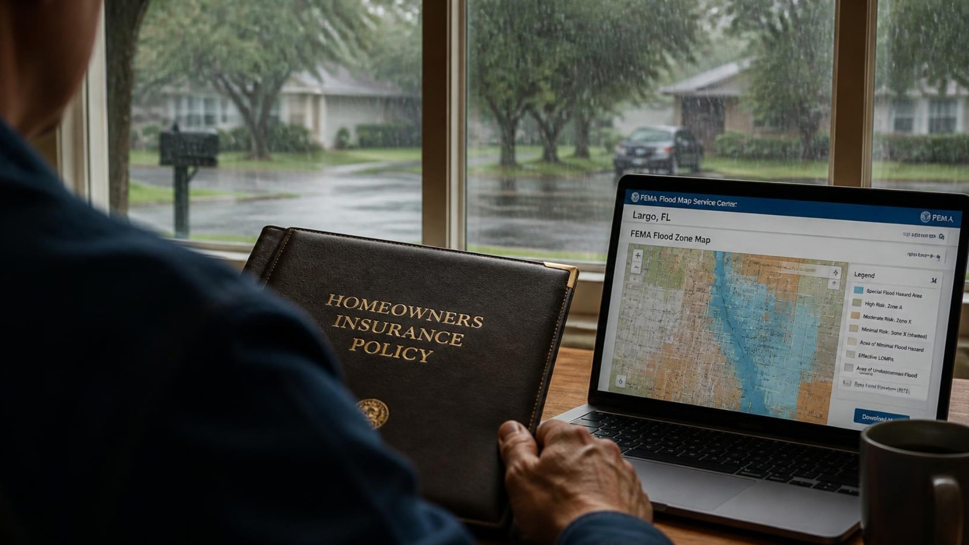 Largo FL homeowner reviewing FEMA flood zone maps and insurance policy during a tropical rain storm.