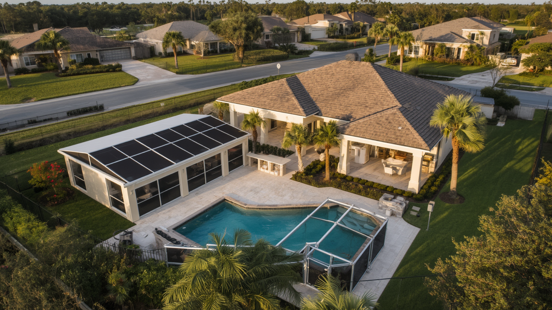 Large Lutz Florida home with pool, screened enclosure, detached structures and landscaped yard